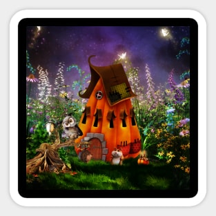 Little friends in the night with pumpkin house Sticker